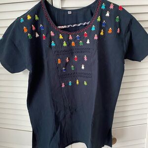 Embroidered Black Peasant Blouse with Multicolor Doll Motifs